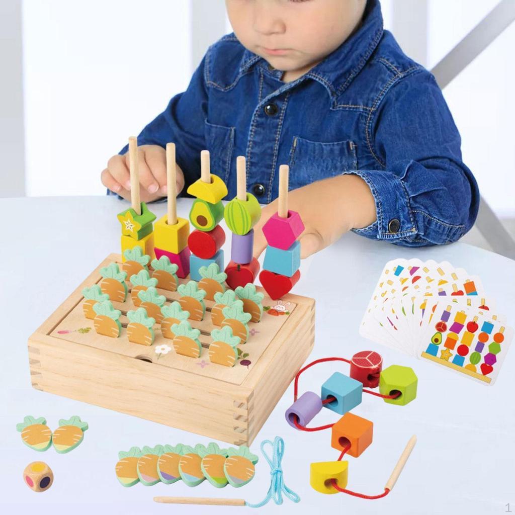 Логічна гра намистини Монтессорі дерев'яна для дитини Сортер сад шнурівка з фігурами головоломка 10 карток, фото 1