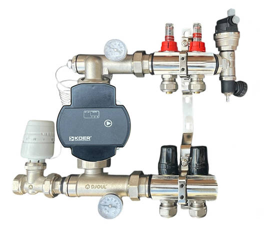 Колектор для теплої підлоги в зборі на 2 контури, латунний (без насоса)"DJOUL" Турція, фото 1