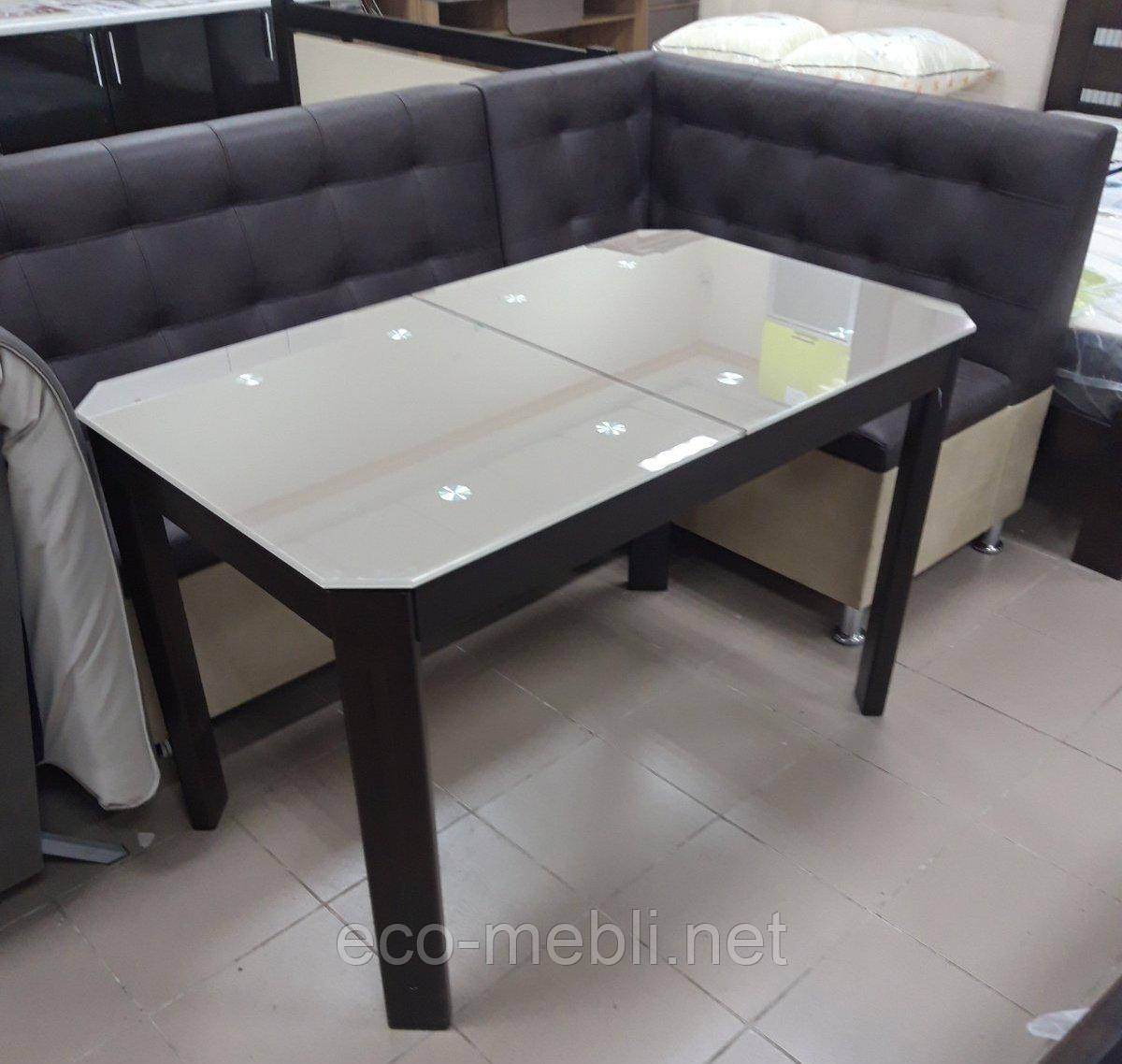 Розкладний скляний стіл Модерн Р30 на дерев'яних ногах для кухні 1200х700, фото 1