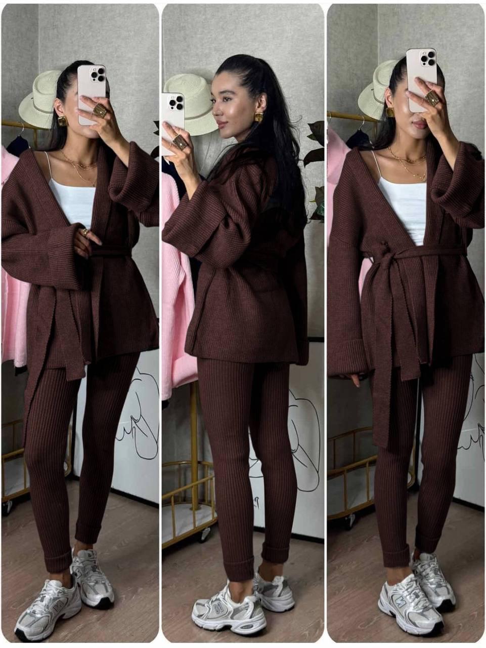 Тепленький, дуже зручний та стильний вʼязаний комплект кардіган + легінси + пояс Модель: 824-1660 Колір Шоколад, фото 1