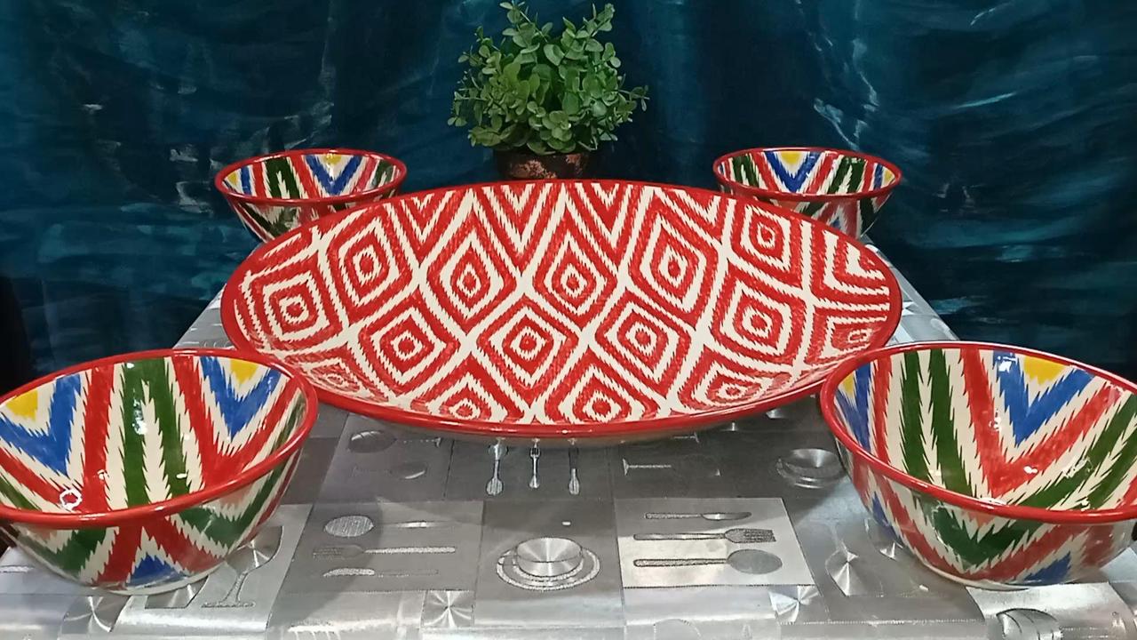 Традиційний узбекський набір посуду Ріштан - ляган 42 см + 4 коси атлас, фото 1