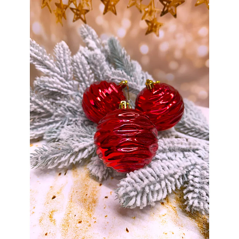 Набір ялинкових куль «Хвиля» гальваніка  80 мм стиль і затишок для вашої ялинки 6 шт Червоний, фото 1