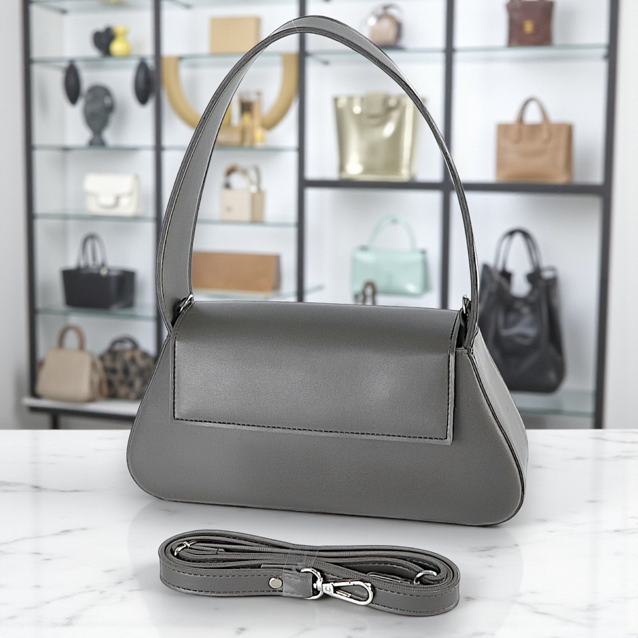 Жіночий клатч сумка через плече графіт маленька сумочка з плечовим ременем з екошкіри, фото 1