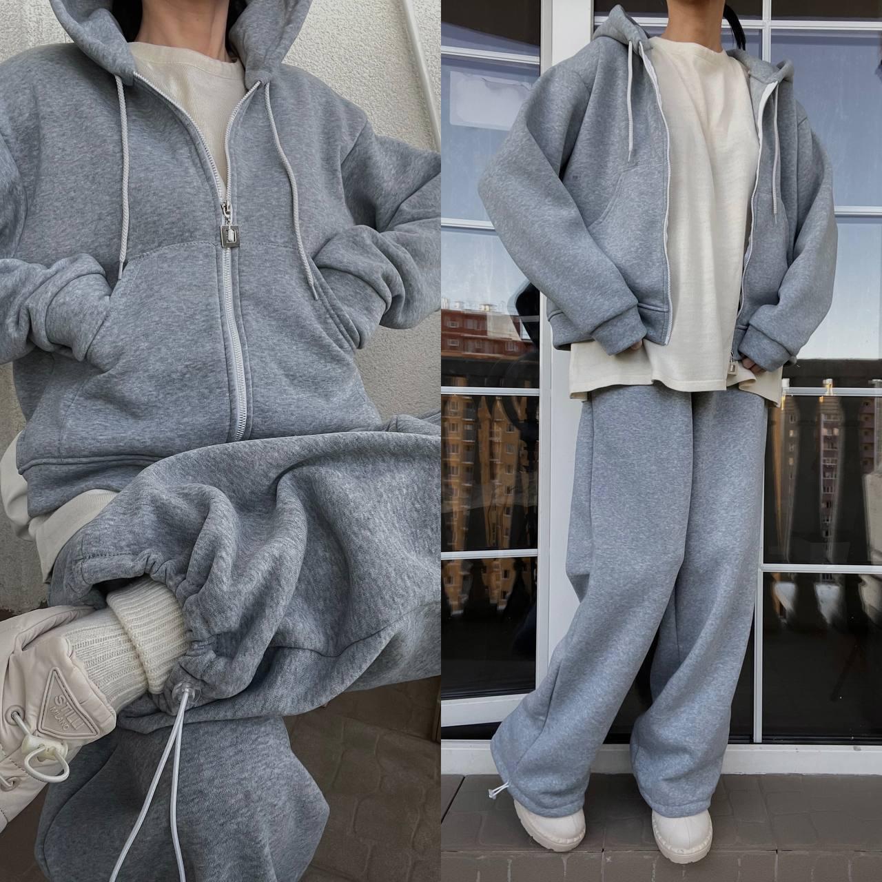 Утеплений костюм оверсайз зіп худі та штани палаццо Модель: 824-1585 Колір сірий меланж, фото 1