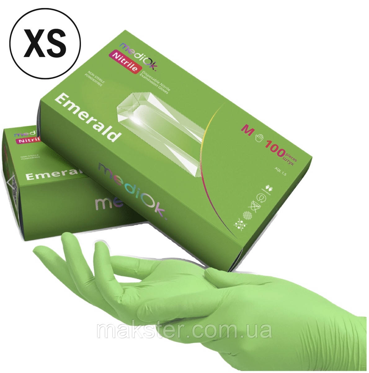 Нітрилові рукавички MediOk, щільність 3.8 г. - зелені Emerald (100 шт.). XS