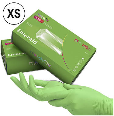 Нітрилові рукавички MediOk, щільність 3.8 г. - зелені Emerald (100 шт.). XS, фото 1