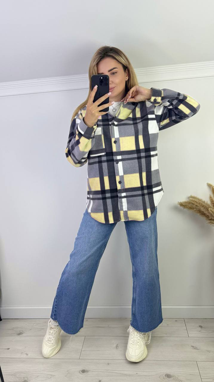 Тепла жіноча сорочка в жовту карту з турецького флісу, фото 1