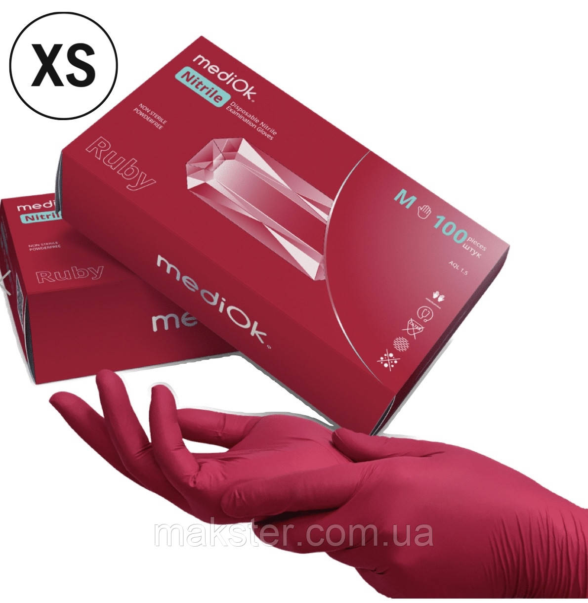 Нітрилові рукавички MediOk, щільність 3.8 р. - бордові Ruby (100 шт)