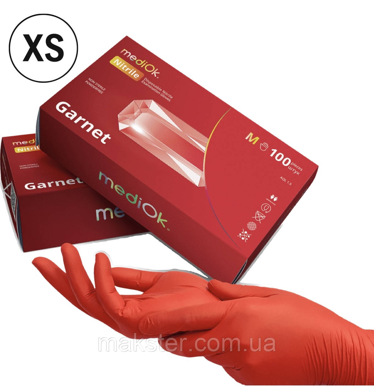 Нітрилові рукавички MediOk, щільність 3.8 г. - Garnet червоні (100 шт.).  XS