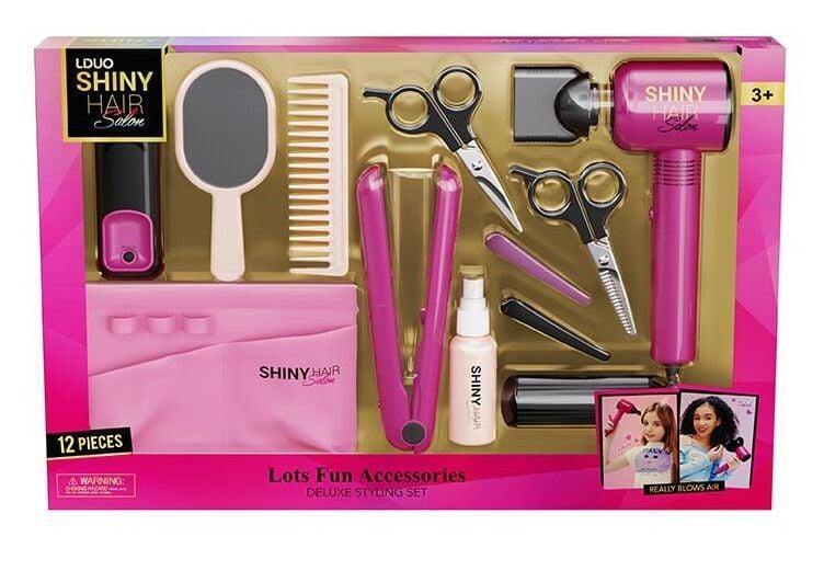 Набір перукаря 626023 (18) 12 аксесуарів, світло, звук, стайлер, фен видуває повітря, 2 насадки, сумочка, 2 заколки, гребінець,