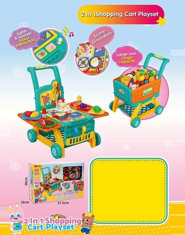 Набір посуду 35633 A (6/2) 39 деталей, 2 в 1: візок та портативна кухня, імітація плити, підсвічування різними кольорами, звукові