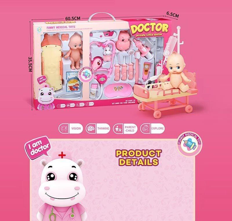 Набір лікаря HZ 697 (24/2) підсвічування, звуки, інструменти, пупс, каталка, фігурки тварин, в коробці