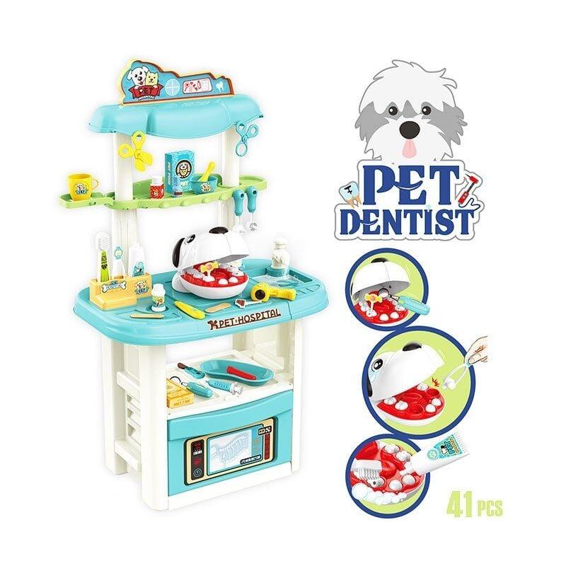 Набір стоматолога 8371 (6) 41 деталь, ветеринарний стіл-стійка, макет голови песика, рот відкривається, медичні інструменти,