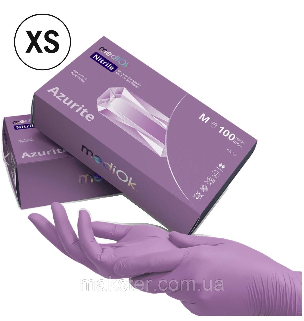 Нітрилові рукавички MediOk, щільність 3.8 г. — лілові Azurite  (100 шт.). XS