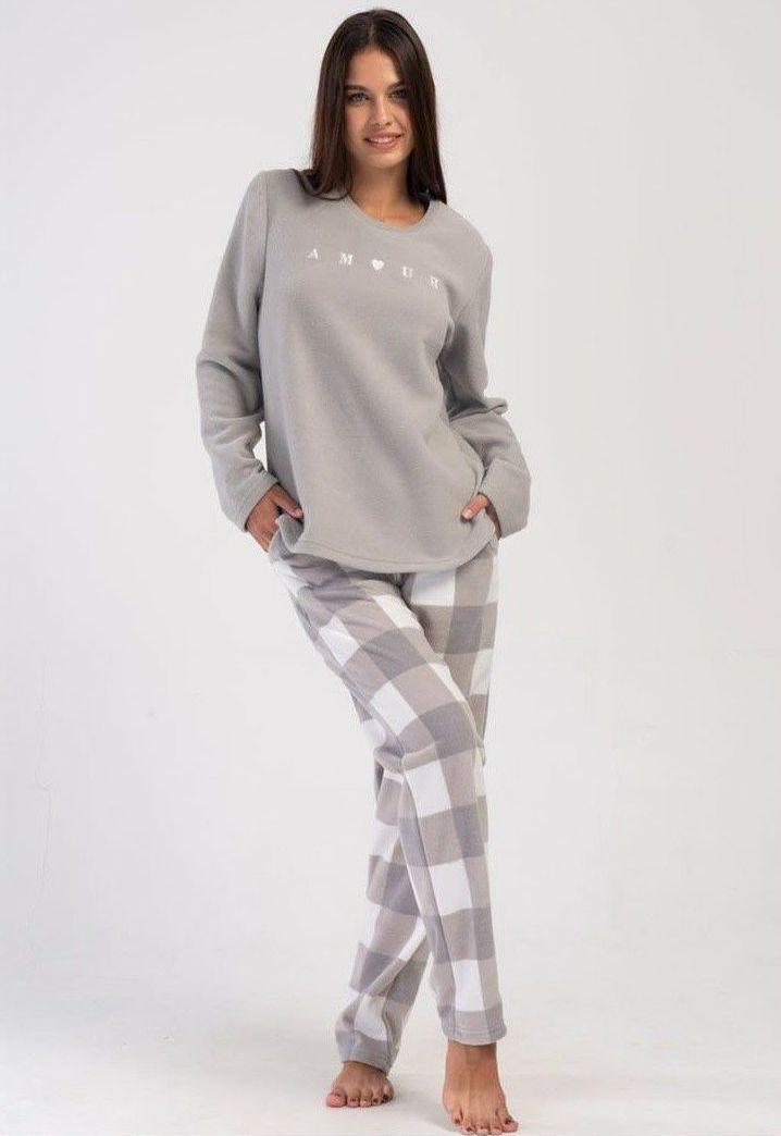 Флісова жіноча піжама Великий розмір Vienetta сіра штани у клітинку, фото 1