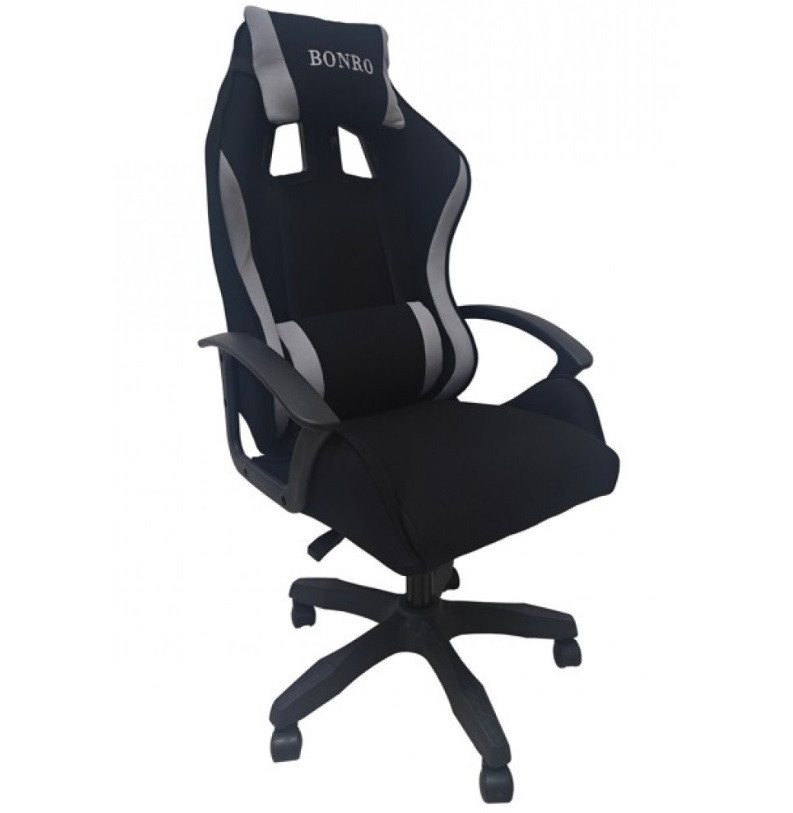 Крісло геймерське офісне тканинне з двома подушками Bonro B-944 чорне із сірим, фото 1
