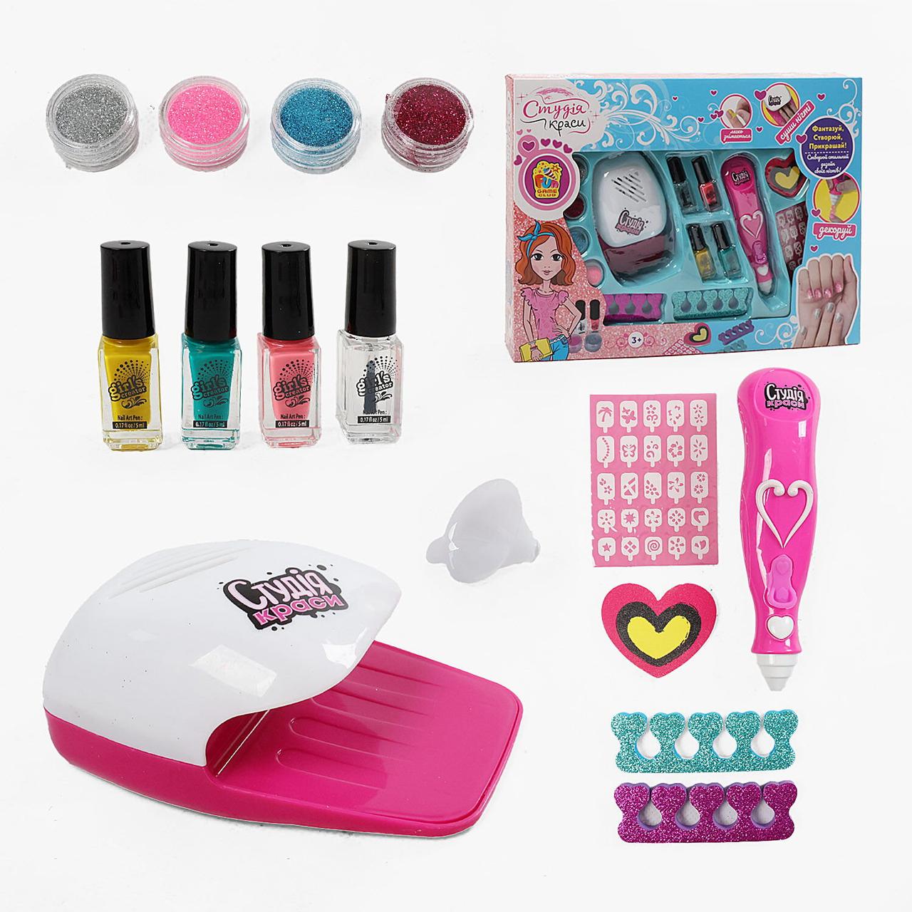 Набір для манікюру "Студія краси" 22930 (12/2) "4FUN Game Club", сушка для нігтів на батарейках, розпилювач блискіток, в