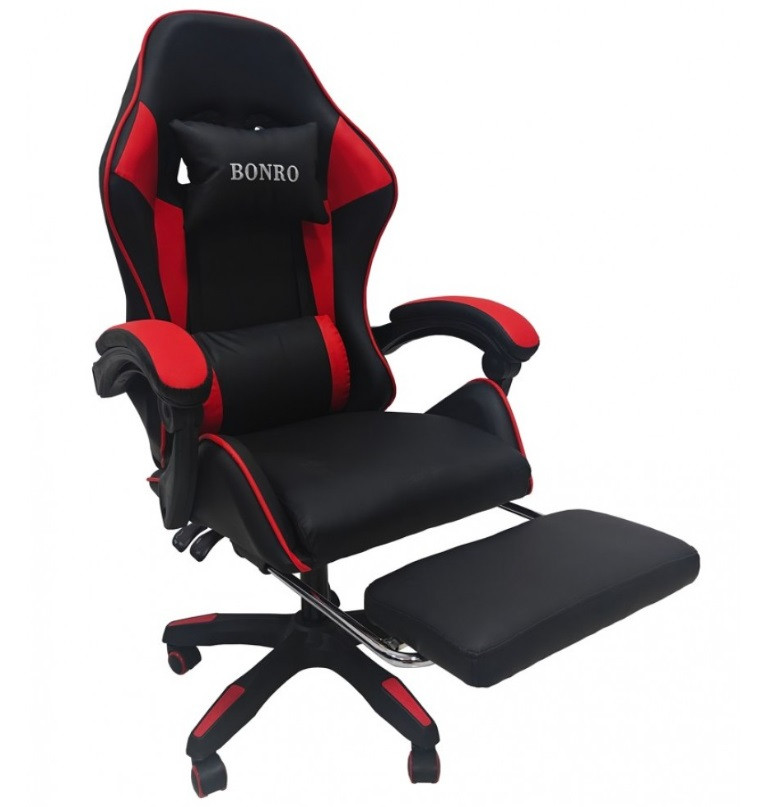 Комп'ютерне геймерське крісло з підставкою для ніг Bonro B-945 чорне з червоними вставками, фото 1
