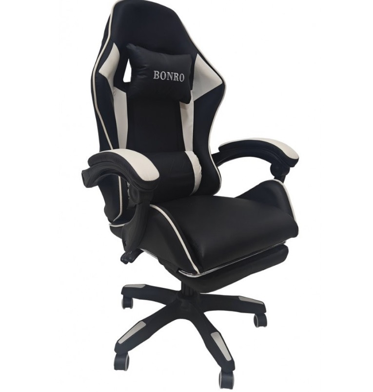 Комп'ютерне геймерське крісло з підставкою для ніг Bonro B-945 чорне з білими вставками, фото 1