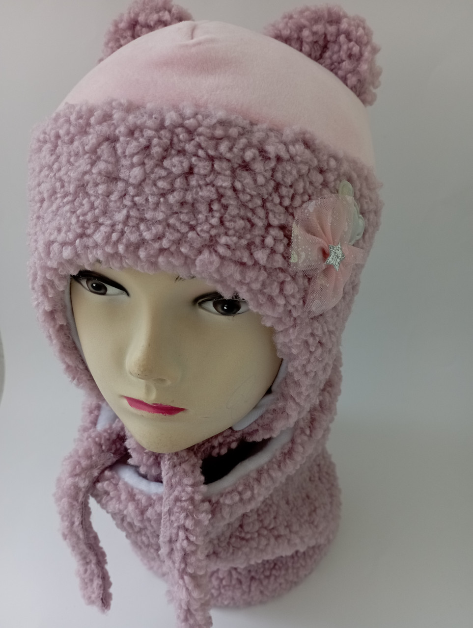 Зимова тепла шапка для дівчинки розмір 46-48 у комплекті з хомутом, фото 1