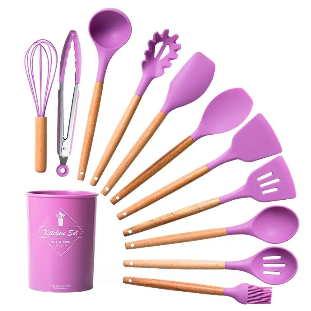Набір кухонного приладдя 12 предметів, Kitchen Set, із силікону + підставка, Фіолетовий, фото 1