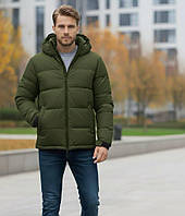 Чоловіча зимова куртка хакі зі знімним капюшоном, Утеплена куртка кольору хакі на синтепоні для чоловіків