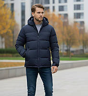 Чоловіча зимова куртка темно-синя зі знімним капюшоном, Утеплена куртка синього кольору на синтепоні для чоловіків