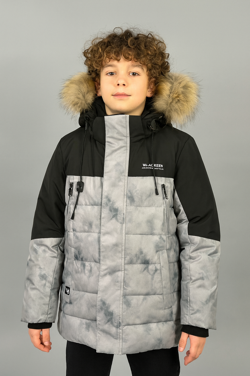 Куртка WKAS для хлопчика 8-12 років зимова тепла з капюшоном і натуральним хутром,Сірий, 128, фото 1