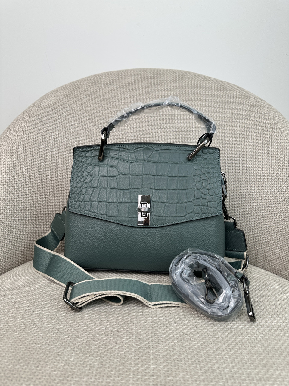 Шкіряна сумка з двома ремінцями клапан під крокодила С67-КТ-3060 Зелена, фото 1