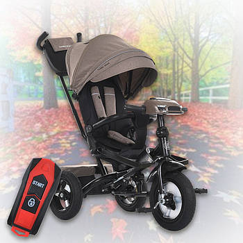 Дитячий триколісний велосипед з батьківською ручкою та підсвічуванням фарTurbo Trike MT 1007-5 Коричнево-сірий