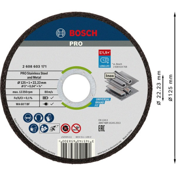 Круг відрізний Bosch Pro Stainless Steel and Metal WA60 (125×1х22.23 мм, 1 шт.) (2608626113), фото 1