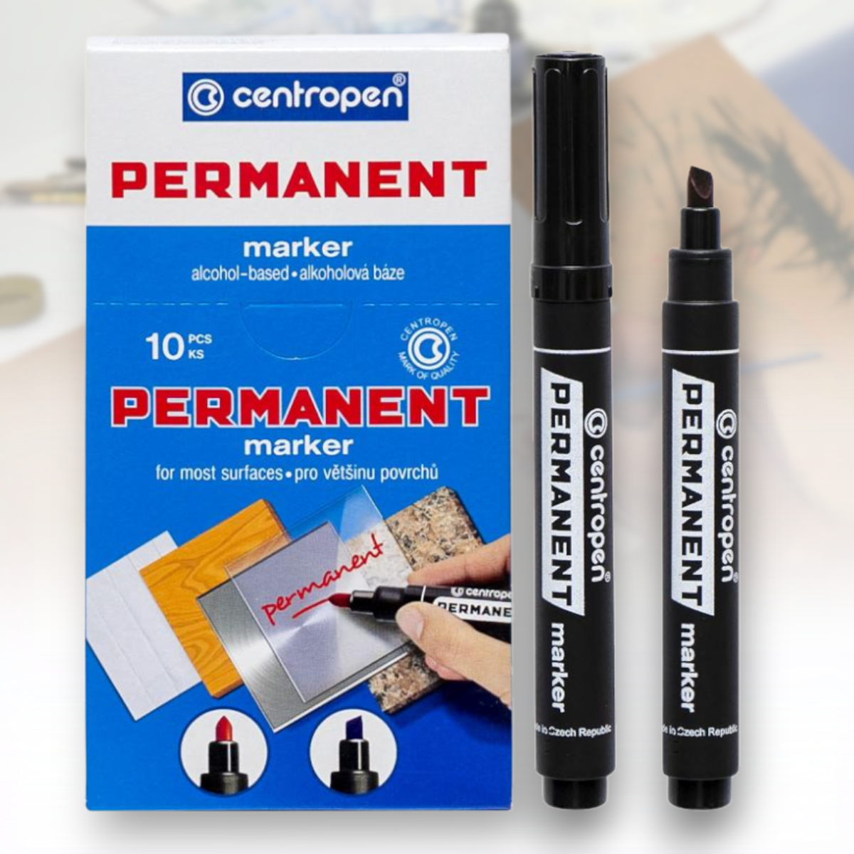 Скошений перманентний маркер Чорний CENTROPEN Упаковка 10 шт., фото 1
