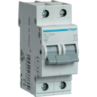 Автоматичний вимикач Hager 2-п. C 32A (6kA) 2M (A) (MCN232), фото 1