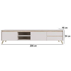 Довга тумба під телевізор на ніжках Лаундж RTV2K2So 206 см кашемір із вставками дуб сонома без ручок