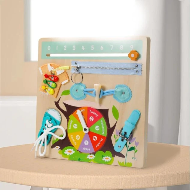 Бізіборд дерев'яної іграшки панель із 7 іграми малюкові Пальчикові ігри шнурівки ремінці для розвитку моторики, фото 1