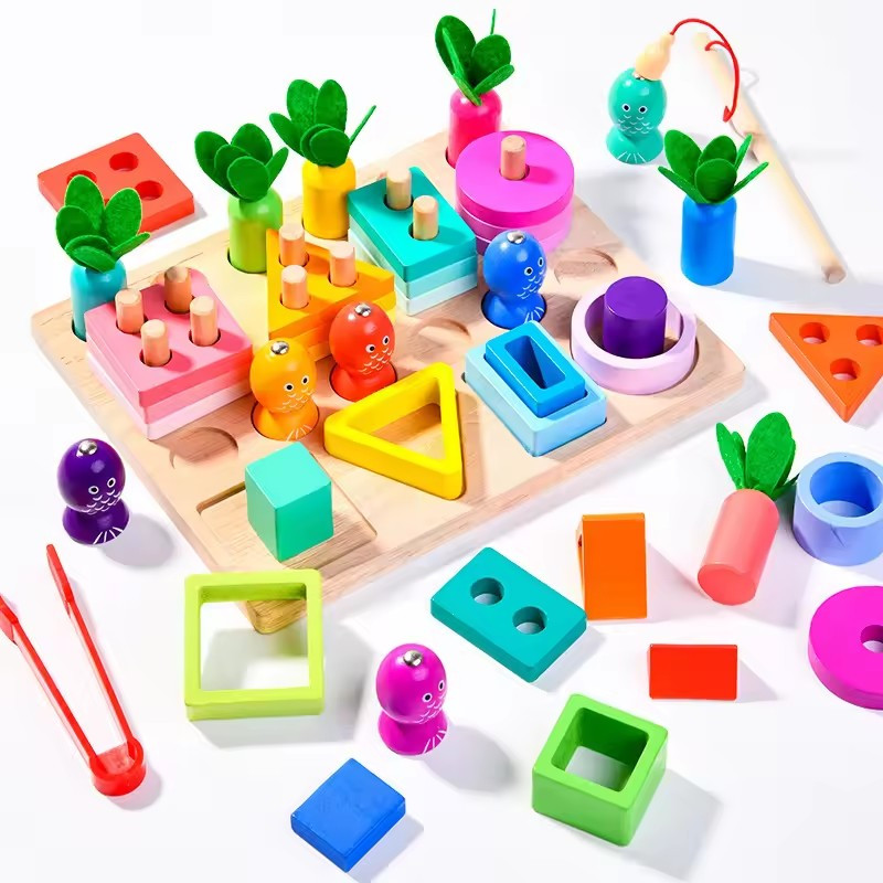 Дерев'яна дошка з набором сенсорних ігор для тактильного та логічного розвитку дитини Риболовля сортер фігури, фото 1