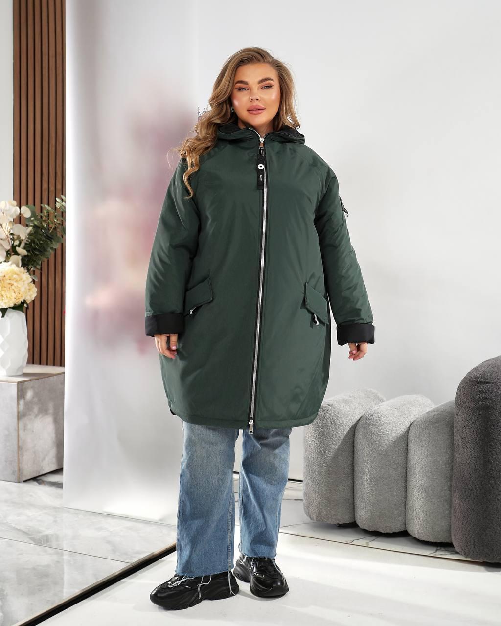 Демісезонна жіноча куртка зелена батал великого розміру Розміри: 56-58, 60-62, 64-66, 68-70