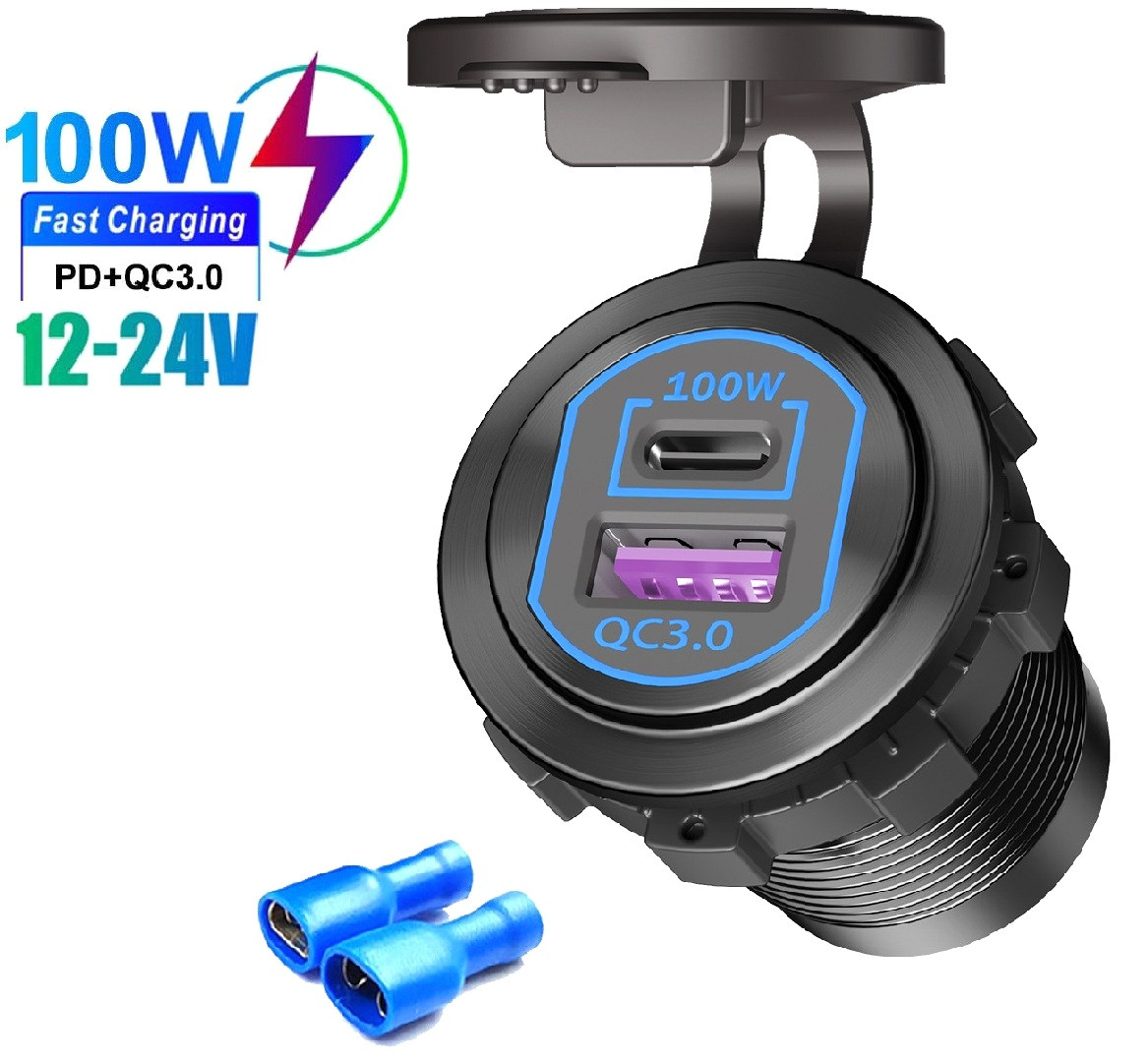 Автомобільний врізний адаптер USB QC 3.0 + PD Type-C 100W замість прикурювача, фото 1