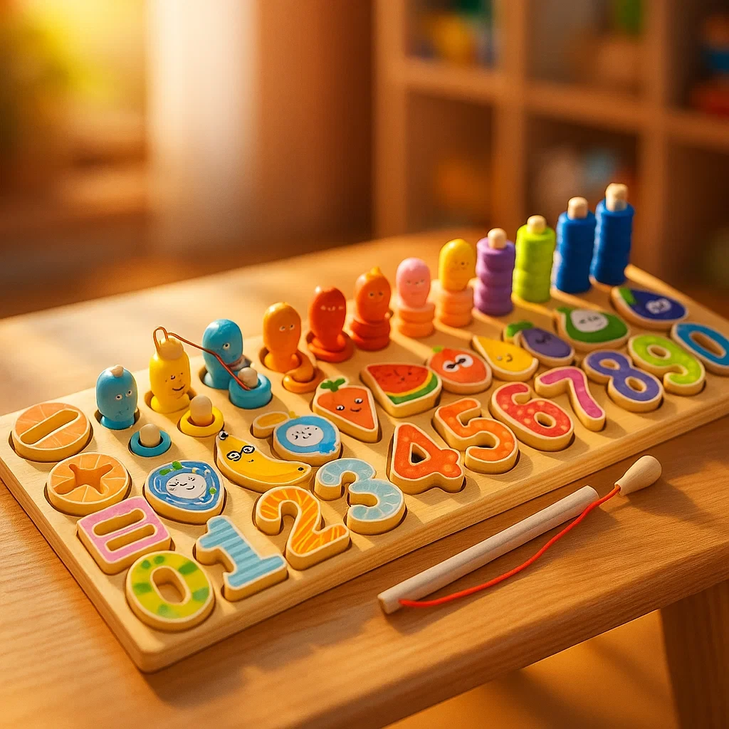 Дерев'яна логічна гра тактильна дошка 4в1 Колишки магнітна риболовля-вкладки сортер за фігурами та кольорами, фото 1