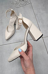 Туфлі на стійкому підборі жіночі шкіряні молочного кольору 40р