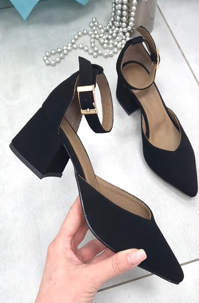 Туфлі на стійкому підборі жіночі замшеві чорного кольору, фото 1