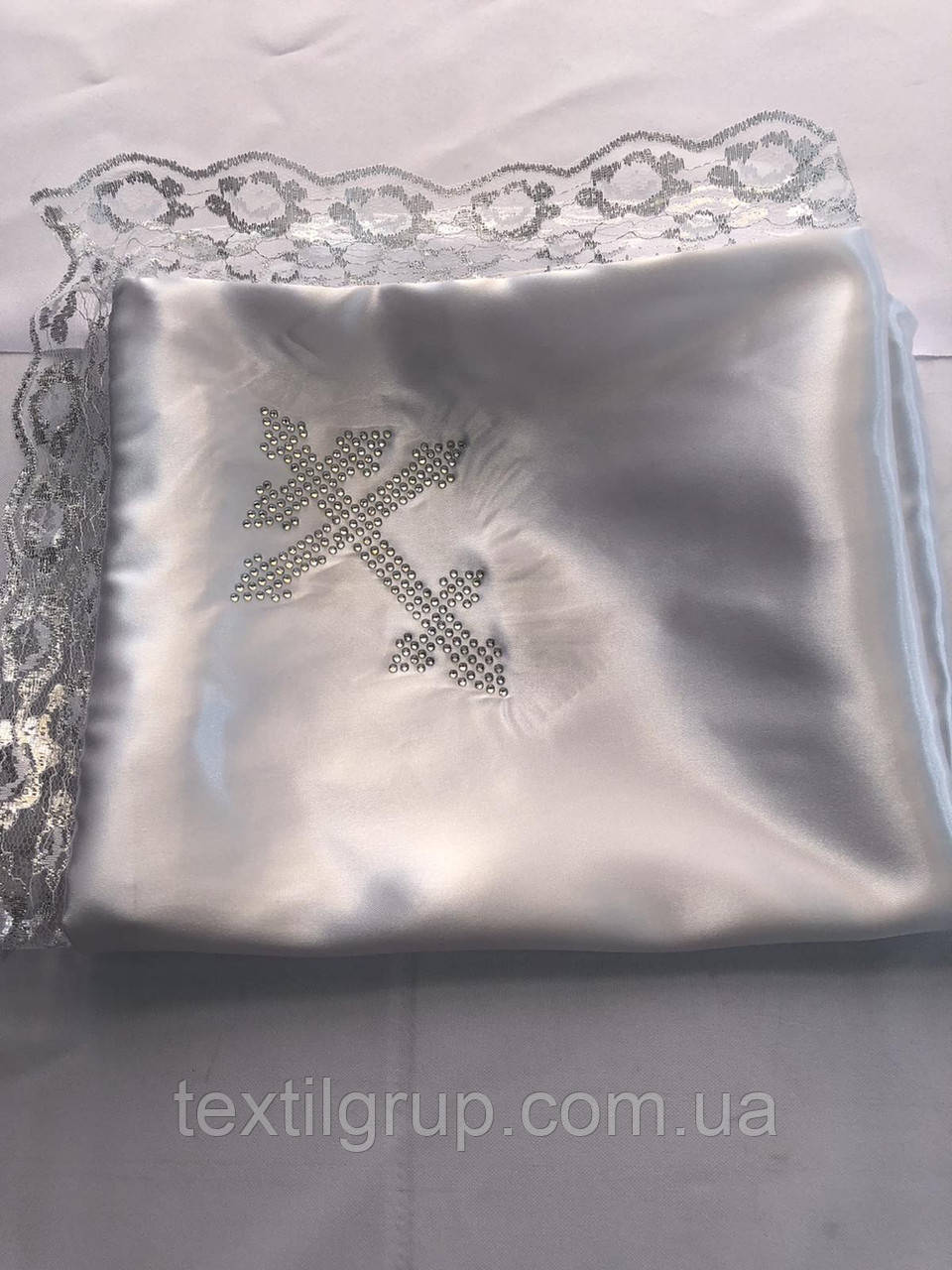 Ритуальна наволочка з  Хрестиками  по боках атлас з мереживом срібло 5 см, фото 1