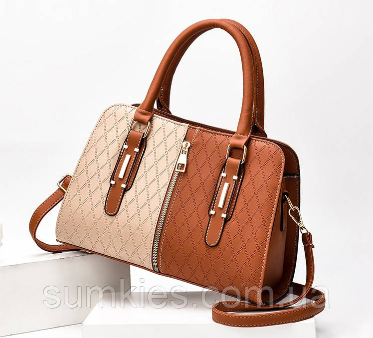 Оригінальна жіноча сумка на плече чорно-біла комбінована жіноча сумочка екошкіра біла чорна Коричнево-білий, фото 1