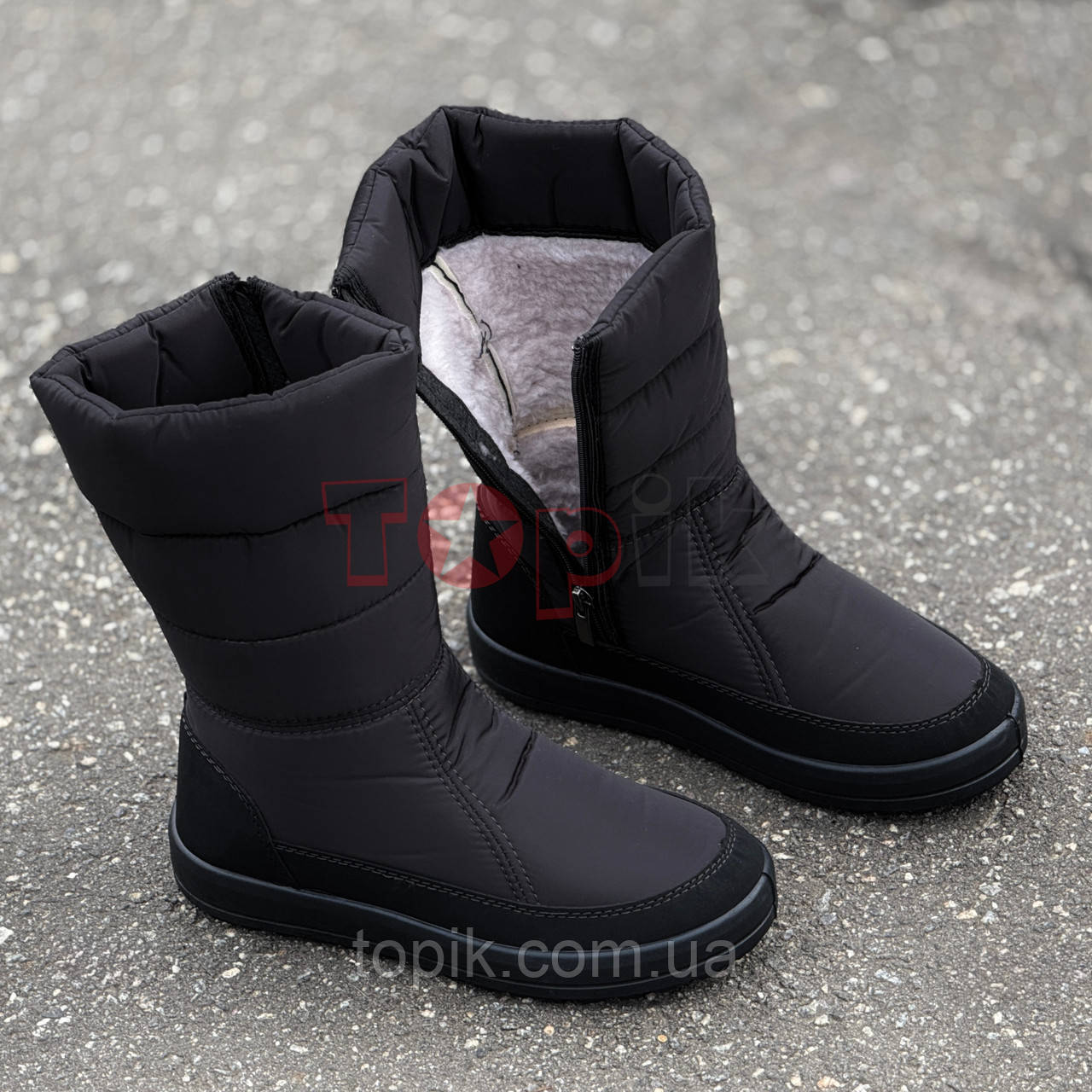 Дутики жіночі зимові чорні чоботи на широку ногу (Код: 3485)
