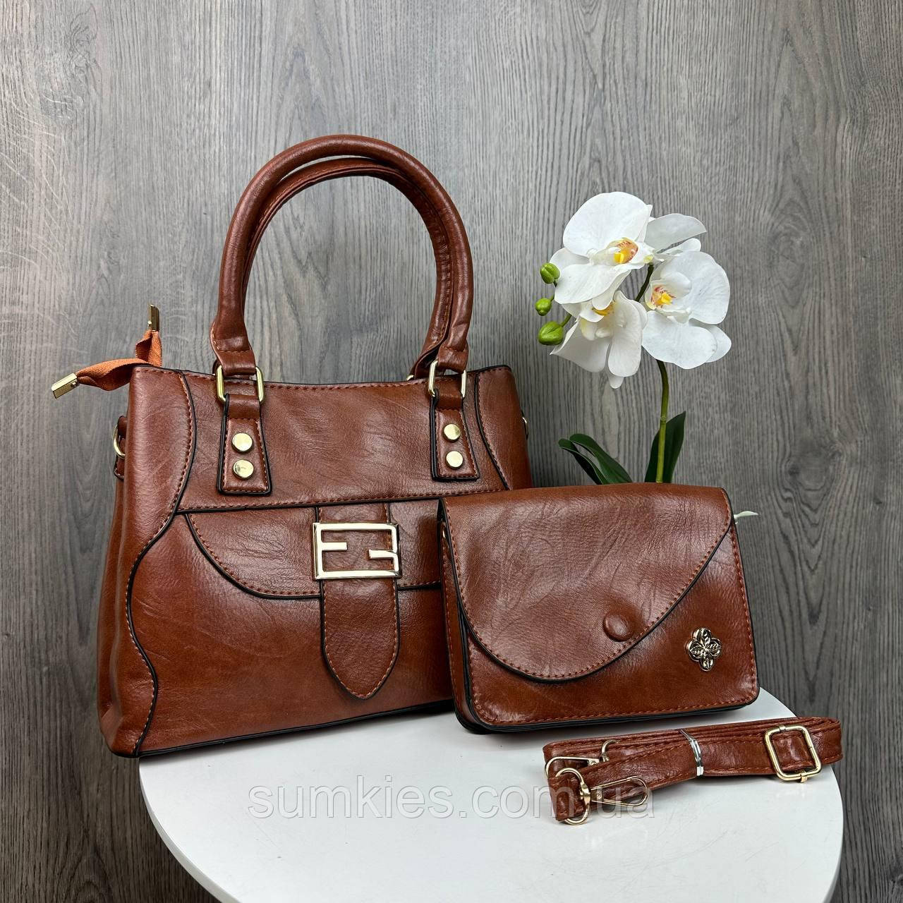 Жіноча сумка + міні сумочка клатч жіночий набір сумочок 2 в 1 Коричневий, фото 1