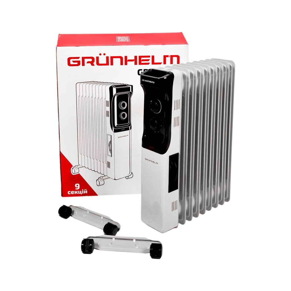 Масляний обігрівач Grunhelm GR-0920N з захистом від перегріву потужний 9-секційний радіатор 2000 Вт Білий