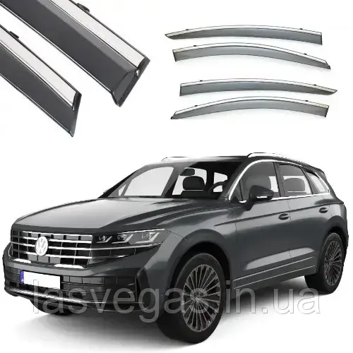 Дефлектори вікон із хром молдингом (вітровики) Volkswagen Touareg 2018- (FLY/Тайвань), фото 1