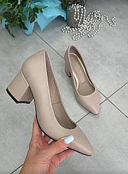 Туфлі на стійкому підборі жіночі шкіряні бежеві 39р