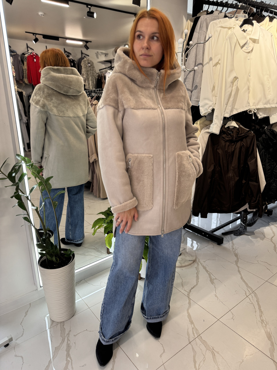 Жіноча дублянка двохсторння, еко замш-норка., фото 1