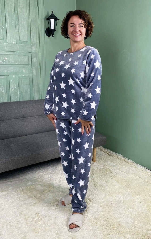 Піжама жіноча тепла махрова кофта з брюками тепла зірочка сірий 48-56 р.